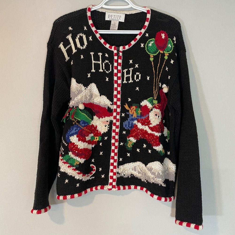 VTG Petite Sophisticate Christmas Santa Zip Up Cardigan Sweater Black L Ho Ho Ho